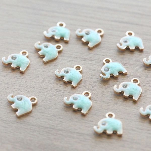 5 pcs of Mint Elephant Enamel Gold Plated Zinc Alloy and Rhinestone Pendants - 12 mm