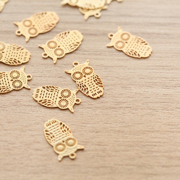 10 pcs of Owl Brass Computer Beaded Patch Pendants - Gold - 16.5 x 9 x 0.5 mm