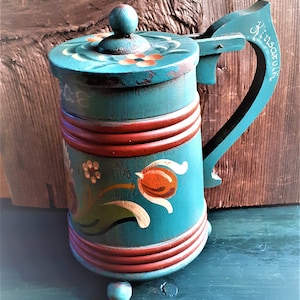 Holz Vintage Bierkrug Handbemalt Norwegisch Volkskunst Rosemaling Skandinavisch Nordisch Einzigartig Kkitchen Dekor Geschenk Bucolic Vintage