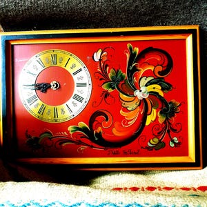 Norwegian Hand crafted Wood Wall Clock Scandinavian Vintage Nordic Folk Art Rosemaling One-of-a-kind Rustic Gift Shipping from Norway