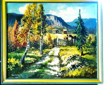 Norwegian art   Original Vintage mid century Frammed Oil Painting:  Scandinavian Mountains, Horses, Farm  Recive  Discount -25% in checkout