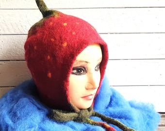 Eco Felted Wool Strawberry Ear Flap Bonnet Warm Windproof Hat All Sizes Scandinavian Wool Free Shipping from Norway