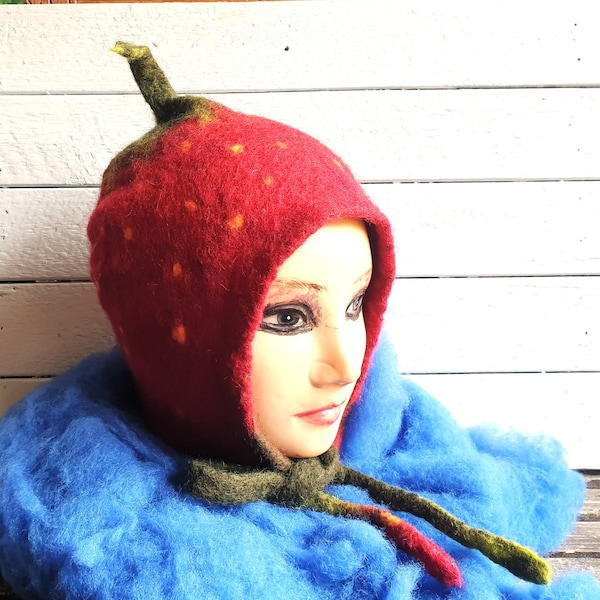 Eco Felted Wool Strawberry Ear Flap Bonnet Warm Windproof Hat All Sizes Scandinavian Wool Free Shipping from Norway