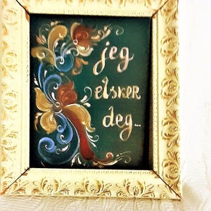 norwegian I love you Jeg elsker deg  handpainted folk art  Rosemaling on  Canvas: Scandinavian nordic    christmas GIFT
