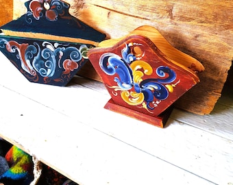 Pair of Norwegian Handcrafted  Napkin Holder Handpainted  Folk Art Decor Rosemaling Rustic Style