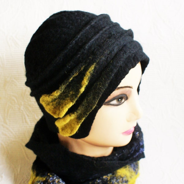 Chapeau fait main en laine feutrée ECO chaud coupe-vent chapeau noir jaune moutarde ocre laine scandinave cadeau unique en son genre livraison gratuite