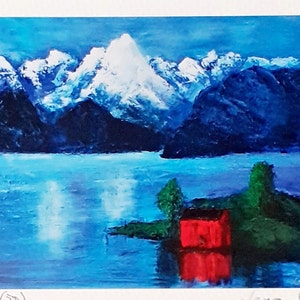 wenskaart originele kaart Kunstkaart Noren Bergen Cabin Cottage verzending vanuit Noorwegen