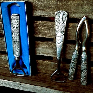 norwegian lot of  steel tools with Pewter decor Viking motive Scandinavian Gift ST. Olav Norway H-S Pewter Norway
