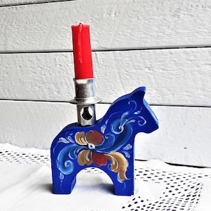 Handpainted Dala Horse Candle Holder: Norwegian Rosemaling Folk Art