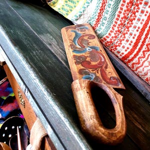 Hand Carved Norwegian Wood Flax Knife: Rosemaling Folk Art