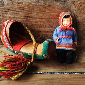 Sami Lapland Folk Art Vintage Doll Handcrafted Cradle Folk Costume   Nordic Scandinavian Collectible Keepsake