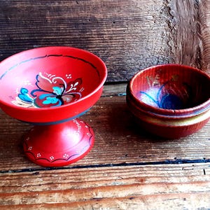 Norwegian  handcrafted  vintage KITCHEN PLAY wooden Cake Stand and Ale Bowl Vintage Wood Souvenirs Folk Art Rosemaling Scandinavian Gift