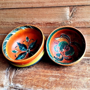 Norway Antique 1880s a pair ofAntique Wooden Ale Bowls Folk Art Rosemaling Scandinavian Norwegian Nordic One-of-a-kind Gift