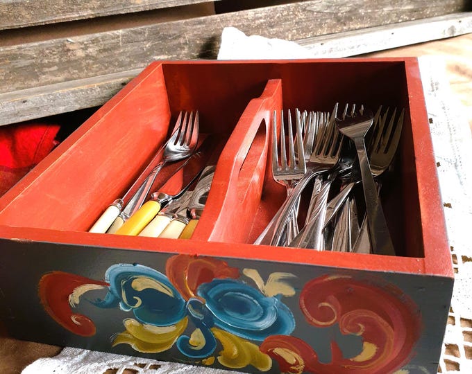 Scandinavian Norwegian Cutlery Box Vintage Folk art    Nordic Farmhouse   kitchen Dining   rustic Gift  get Discount - 25% in checkout