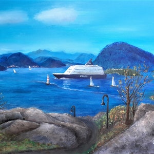 Cartão postal artístico do fiorde de Oslo, cartão postal com impressão artística assinada pela balsa de Oslofjord, paisagem escandinava, envio de presente nórdico norueguês da Noruega