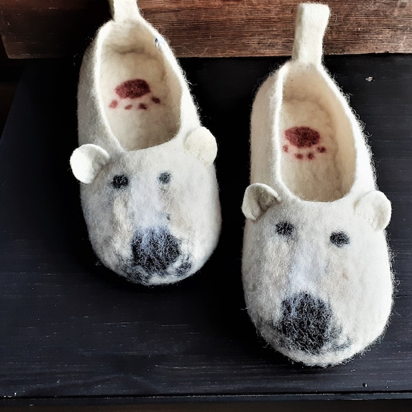 Eco Wool Felted Polar Bear Slippers Norwegian Sheep Wool Warm Handmade House Shoes Scandinavian Nordic OOAK Gift Free Shipping from Norway