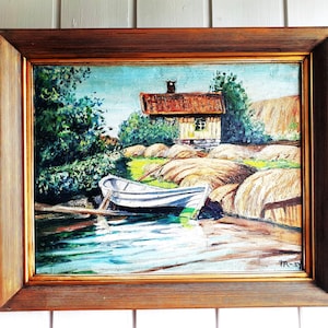 Scandinavian Norwegian Art Original Oil Painting from 1952 Nordic Landscape Framed Vintage One-of-a-kind Gift Shipping from Norway