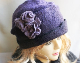 Felted Wool Hat Windproof Warm One-of-a-kind Eggplant Lilac Grey Violet  Lilac Hat Scandinavian Hygge Style Handmade OOAK Gift Free Shipping