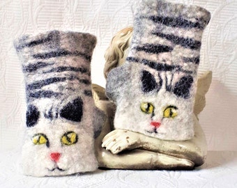 ECO Wool Felted Cat Arm Wrist Warmers Fingerless Gloves Grey Cat One-of-a-kind  Cat Lover Gift Norwegian Sheep Wool Free Shipping
