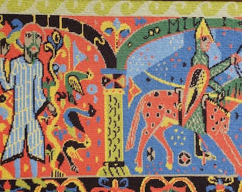 Nordic &quot;Baldishol Tapestry&quot; Vintage Norwegian Needlepoint Tapestry w Nordic Medieval Art Decor