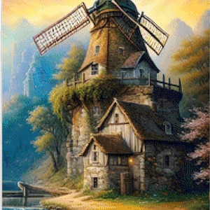 May include: A stone windmill with a wooden roof and a small house attached. The windmill is surrounded by lush greenery and a waterfall flows in the foreground.