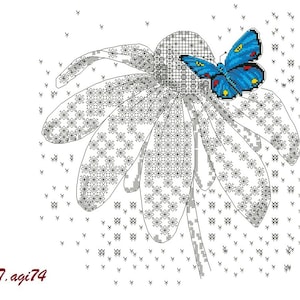 May include: A black and white cross-stitch pattern of a daisy with a blue butterfly on top. The background is white with small black cross-stitches.