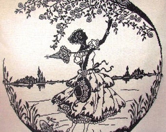 Blackwork vintage lady-cross stitch pattern-instant download