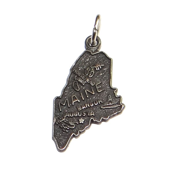 Maine State Map Charm - Sterling Vintage Souvenir Charm - Signed by Fort - Displaying Canoe, Lighthouse, Lobster