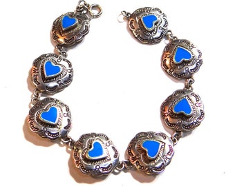 Sterling Turquoise Hearts Bracelet - Vintage Native Style Sterling Southwest Design - Sterling Hand Stamped With Turquoise Heart Center