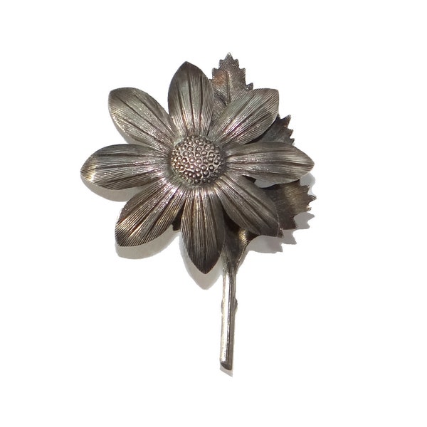 Sterling Flower Mexican Brooch - Vintage Textured Flower Brooch Signed Sterling Mexico - Layered Dimensional Floral Pin