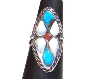 Vintage Sterling, Mother of Pearl, Coral & Turquoise Ring - Pointed Oval Shape with Rope Edges - Abstract Butterfly Ring in Size 5.75