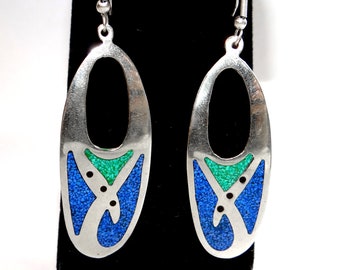 Sterling Blue & Green Chip Earrings - Vintage Mexican Dangle Pierced Earrings -Stone Inlaid Into Colored Resin - Bold and Beautiful