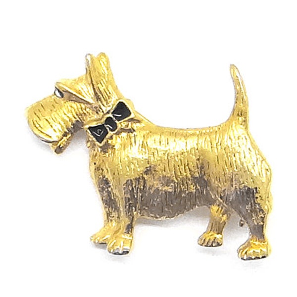 Scottie Dog Brooch - Vintage Gold Tone Dog Pin - Scottie with Bow Collar - Dog Lovers Jewelry