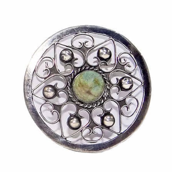 Sterling Turquoise Mexican Brooch - Silver Openwork Hearts Surrounding a Turquoise Center - Vintage Signed Mexico Pre-eagle Round Pin