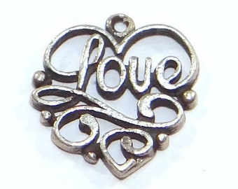 Sterling Love Heart Charm - Vintage Openwork Heart -  Love Written Inside Heart - Detailed Sweetheart Gift