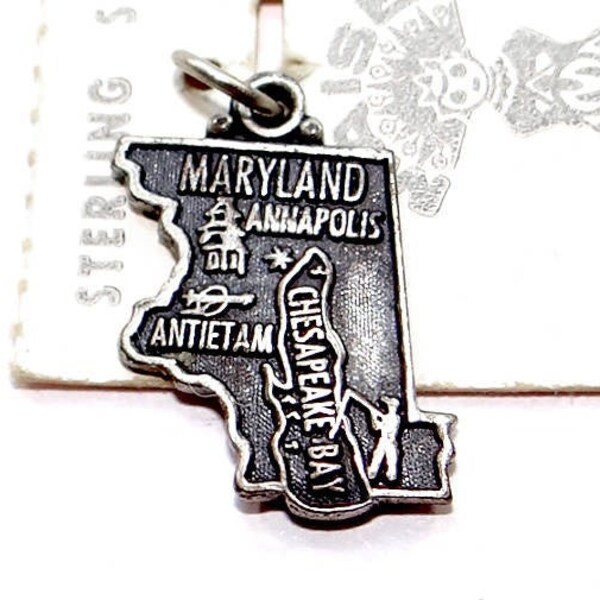 Sterling Maryland State Map Charm a Maryland Silver Souvenir Charm by Maisel with Chesapeake Bay Noted - New Old Stock