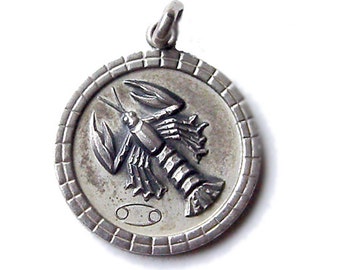 Sterling Cancer Charm - Vintage Cancer the Crab Disc Charm - Zodiac Sign Astrology Pendant