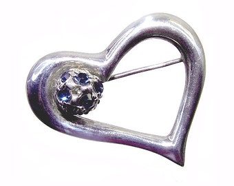 Sterling Heart Brooch - Vintage Silver Heart Pin - Rhinestone Ball Accent on a Heart Open for Love