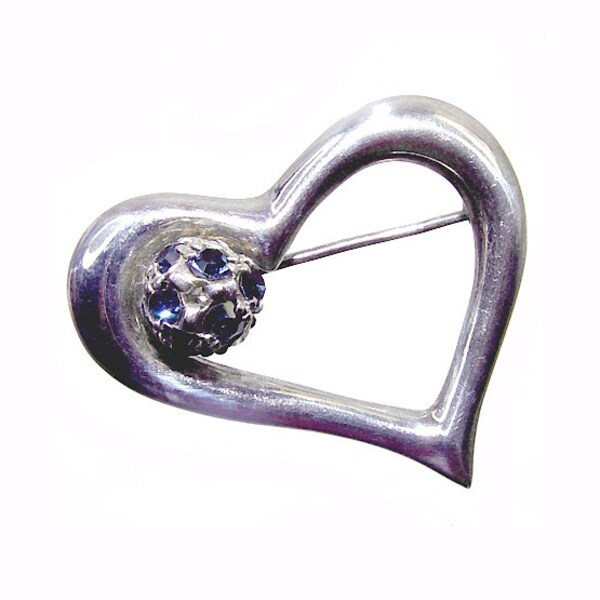 Sterling Heart Brooch - Vintage Silver Heart Pin - Rhinestone Ball Accent on a Heart Open for Love