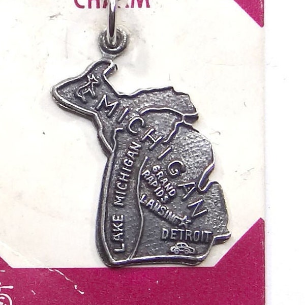 Sterling Michigan Map Charm - Vintage with Excellent Detaining A New Old Stock NOS Travel Charm by Fort - MI Travel Souvenir - Gift for Mom