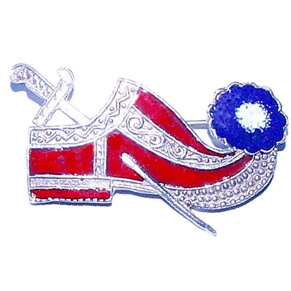 Enameled Greek Shoe Brooch - Vintage 950 Silver Tsarouchia Pin with Dagger a Red White and Blue Traditional Hellenic Shoe Pin