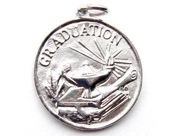 Vintage Sterling Graduation Charm - Disc Charm with Shiny Light of Knowledge Atop a Pile of Books on Textured Background - Gift for Graduate