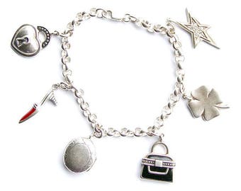 Sterling Fashion Charm Bracelet - Vintage Fashionista Bracelet - 6 Sterling Charms with Locket, Lucky Star, Shoe, Purse and Four Leaf Clover