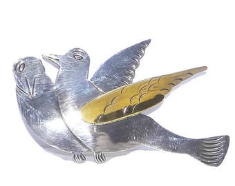 Sterling Doves Bird Brooch from Mexico - Vintage  Large Brass & Silver Love Birds with Dimensional Wing - Well Detailed Taxco 2 Doves Brooch