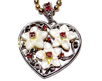 Sterling Heart And Flower Necklace - Vintage Mother of Pearl Flowers With Garnet Accents - Sterling Heart on 16" Ball Chain