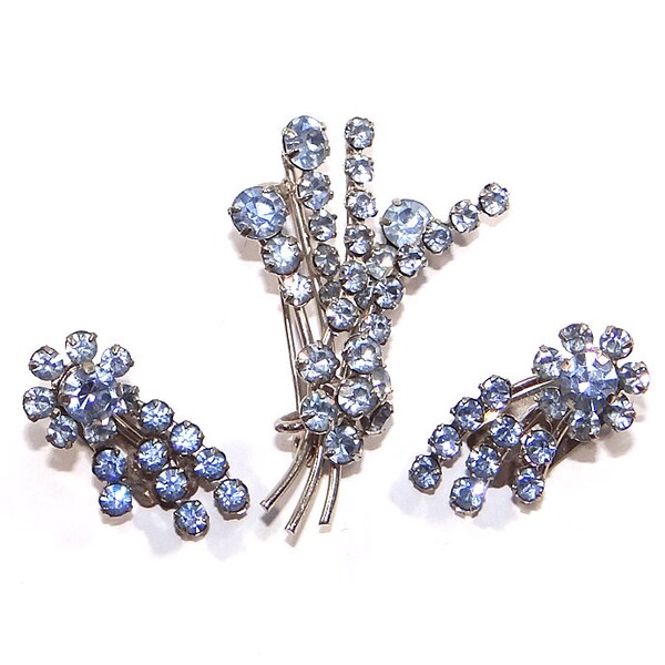 Austria Earrings Brooch Set - Vintage Austrian Rhinestone Clip On Earrings - Something Blue Bridal Wedding Jewelry Floral Spray