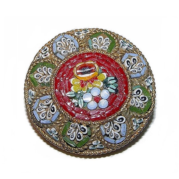 Floral Mosaic Brooch - Vintage Brass with Red Center - Multi Flower Design from Italy - Pre-war Floral Pin