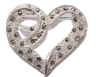 Sterling Marcasite Heart Pin - Vintage Silver and Marcasite Brooch - Gift of Love - Light and Airy Sterling Heart Love Pin