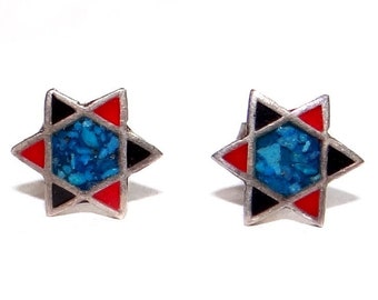 Sterling Turquoise  Chip Star of David Earrings - Vintage Mexican Post Pierced Earrings - Inlaid Coral and Onyx Arms - Exceptionally Dainty