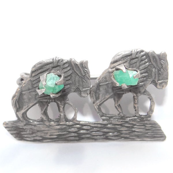 900 Silver Burros Brooch - Natural Emerald Crystal Pieces in Their Packs - Two Mules with Emeralds - Green Emerald Cargo
